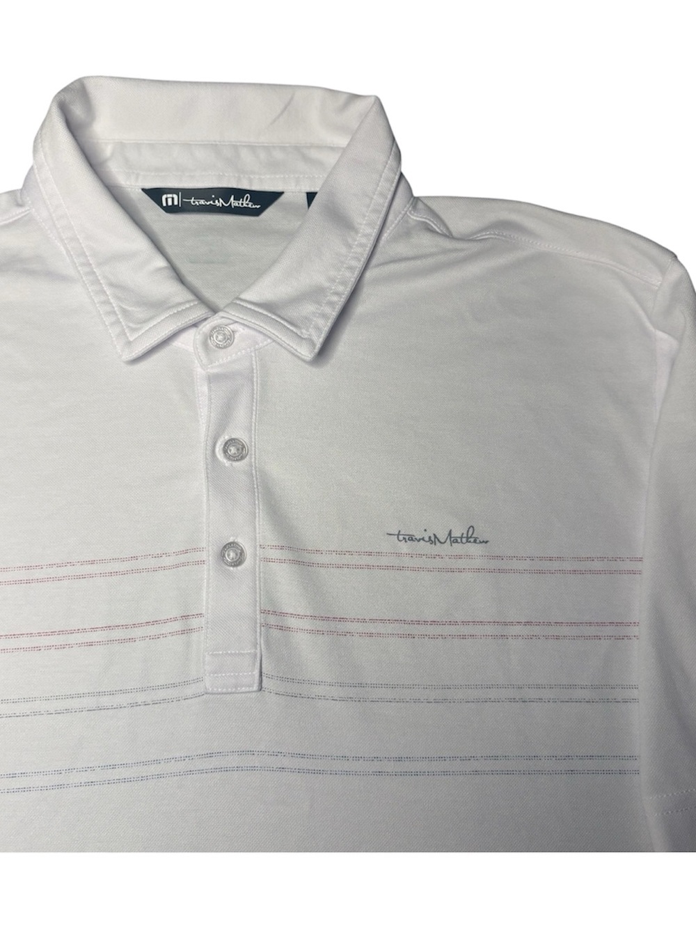 Travis Mathew Golf Polo Shirt White Chest Stripe Performance Stretch Men's XL